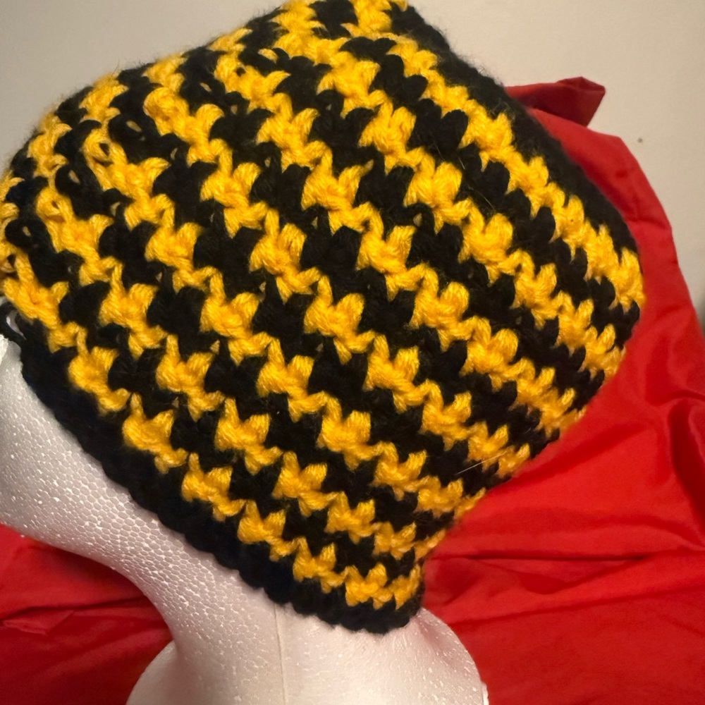 Striped Black and Yellow Crochet Beanie
